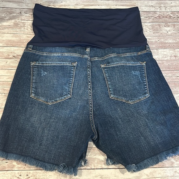Pinkblush Dark Wash Distressed Raw Hem Full Panel Maternity Plus Size Shorts - Picture 8 of 10